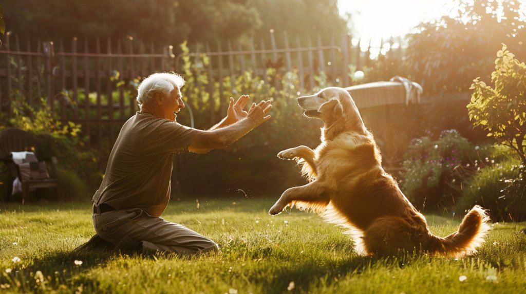 Senior man playing with his Golden Retriever in a sunlit backyard, dog standing on hind legs during training or playtime, joyful outdoor moment between owner and pet.